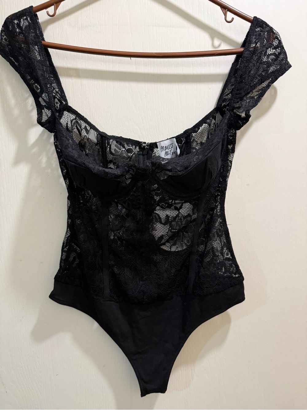 Princess Polly Black Lace Bodysuit with Off-Shoulder Detail